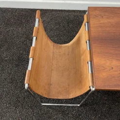 Pamono Vintage Leather, Rosewood & Chromed Steel Side Table / Newspaper Rack, 1970s><noscript><img width=