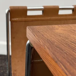 Pamono Vintage Leather, Rosewood & Chromed Steel Side Table / Newspaper Rack, 1970s><noscript><img width=