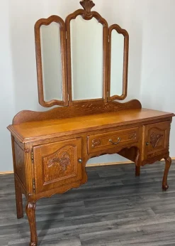 Pamono Vintage Louis French Dressing Table with Mirror in Oak