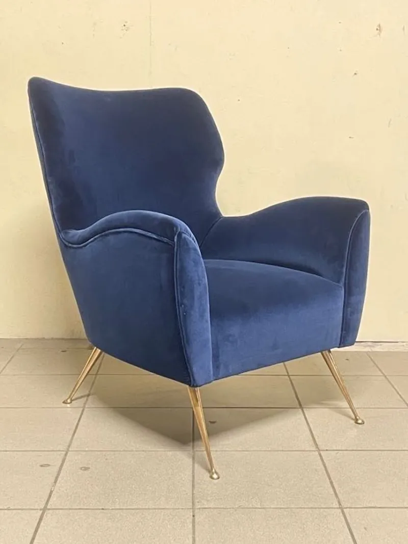 Hot Pamono Vintage Lounge Chair in Blue Velvet, 1950s