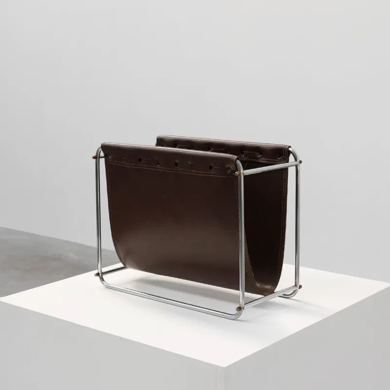 Pamono Vintage Magazine Rack in Chrome and Faux Leather, France, 1960s