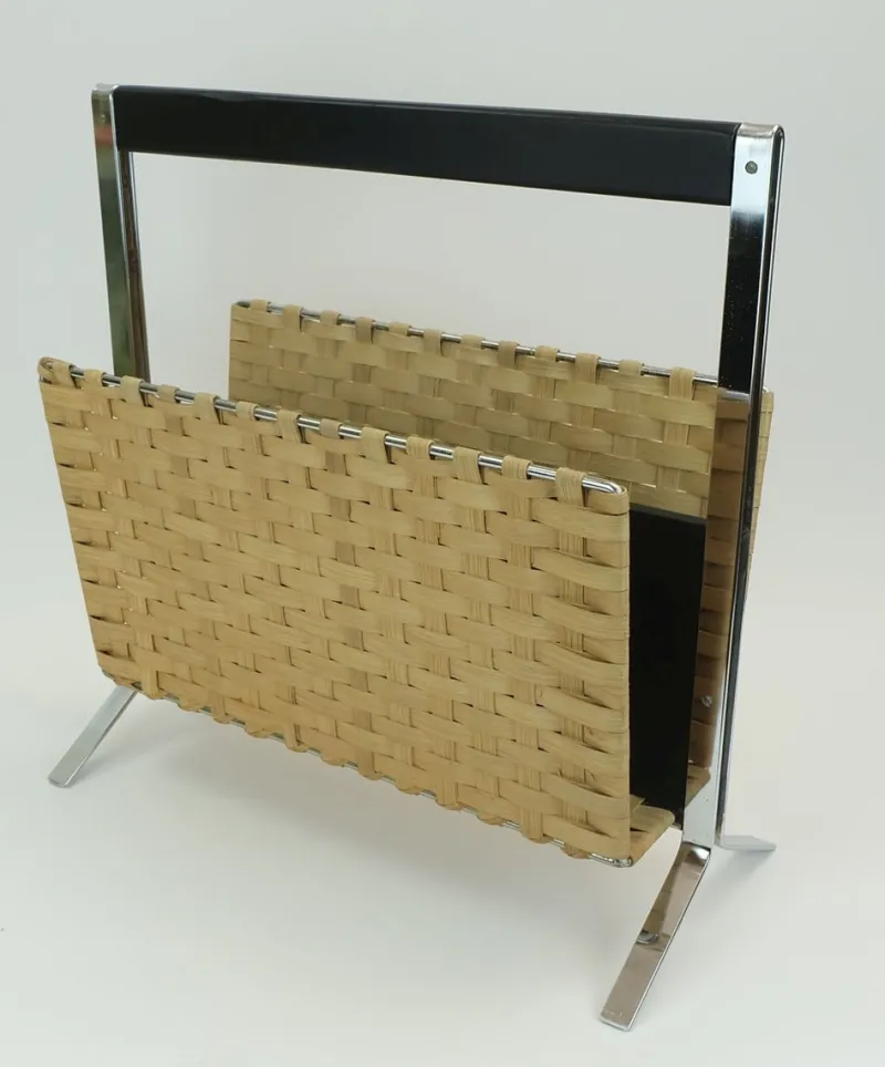 Pamono Vintage Magazine Rack in Chrome, Leather and Bamboo, 1970s> Magazine Racks