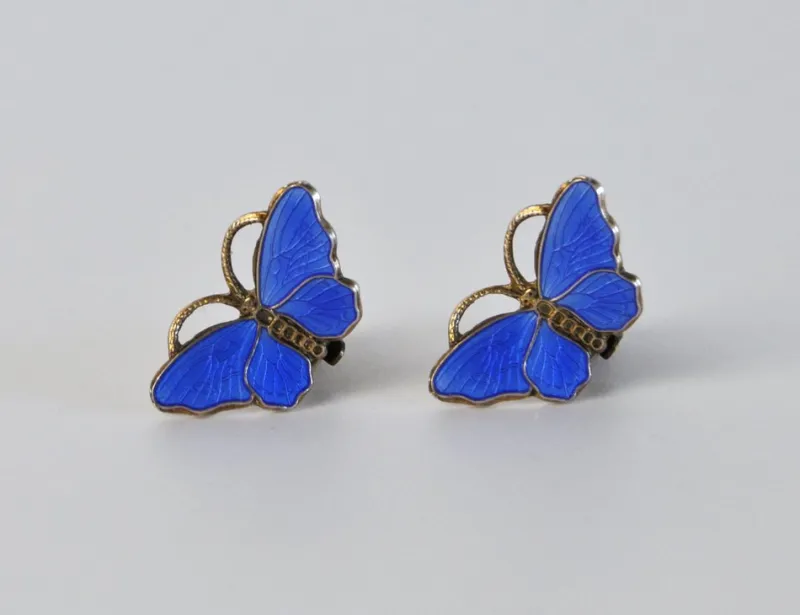 Pamono Vintage Norwegian Silver and Enamel Butterfly Ear Clips from Opro, Set of 2> Earrings