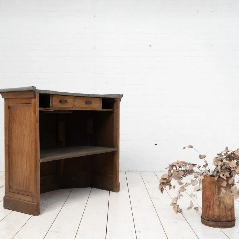 Pamono Vintage Oak and Zinc Counter, France, 1920> Worktables & Workbenches