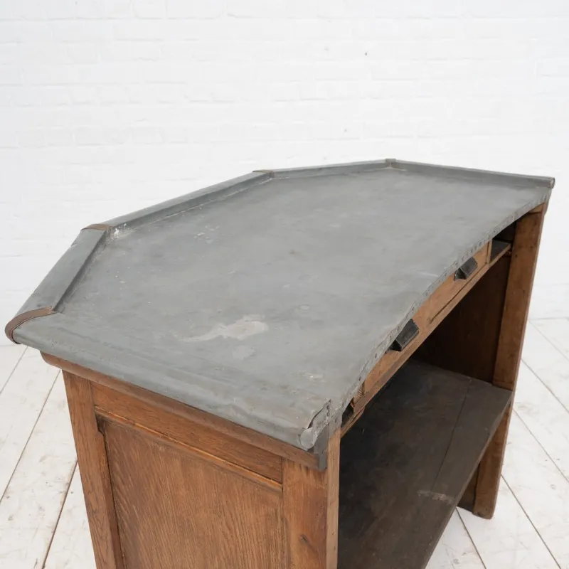 Pamono Vintage Oak and Zinc Counter, France, 1920> Worktables & Workbenches