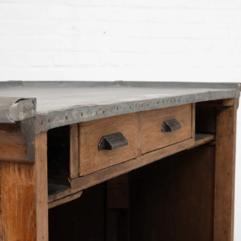 Pamono Vintage Oak and Zinc Counter, France, 1920> Worktables & Workbenches