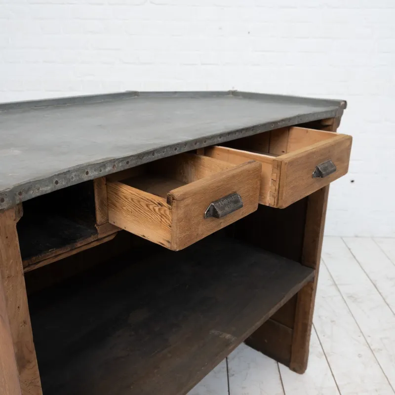 Pamono Vintage Oak and Zinc Counter, France, 1920> Worktables & Workbenches