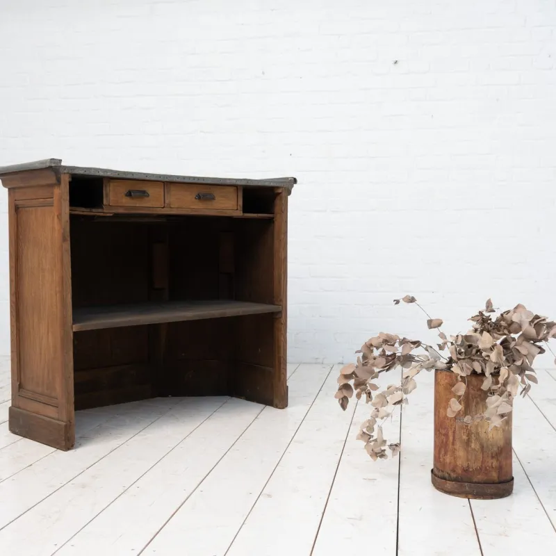 Pamono Vintage Oak and Zinc Counter, France, 1920> Worktables & Workbenches