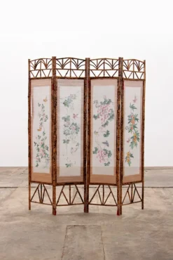 Pamono Vintage Oriental Folding Screen in Bamboo with Fabric, 1960s> Room Dividers & Screens