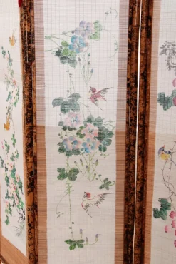 Pamono Vintage Oriental Folding Screen in Bamboo with Fabric, 1960s><noscript><img width=