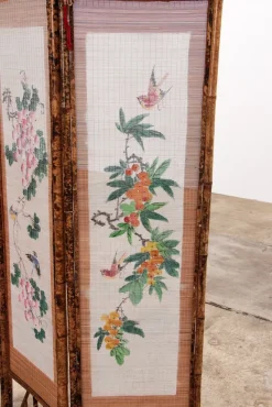 Pamono Vintage Oriental Folding Screen in Bamboo with Fabric, 1960s><noscript><img width=