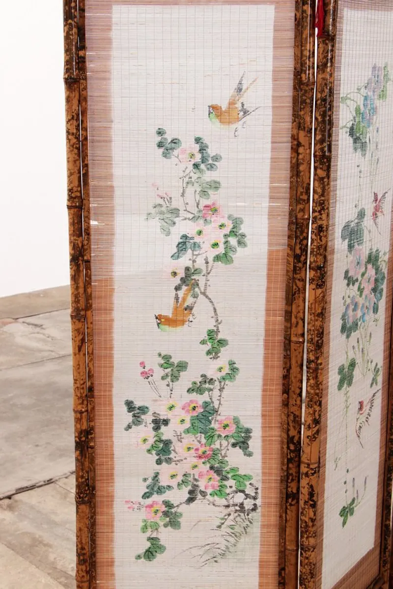 Pamono Vintage Oriental Folding Screen in Bamboo with Fabric, 1960s> Room Dividers & Screens