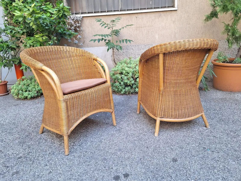 Pamono Vintage Outdoor Armchairs in Rattan and Bamboo, 1960s, Set of 2> Garden Seating
