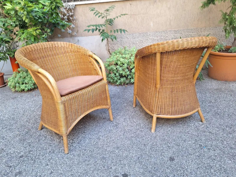 Pamono Vintage Outdoor Armchairs in Rattan and Bamboo, 1960s, Set of 2> Garden Seating