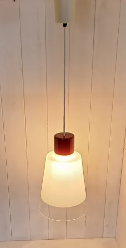 Online Pamono Vintage Pendant with White Glass Shade and Small Red Ceramic Cover, 1970s