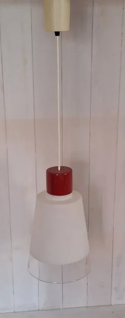Online Pamono Vintage Pendant with White Glass Shade and Small Red Ceramic Cover, 1970s