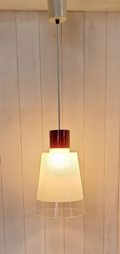 Online Pamono Vintage Pendant with White Glass Shade and Small Red Ceramic Cover, 1970s