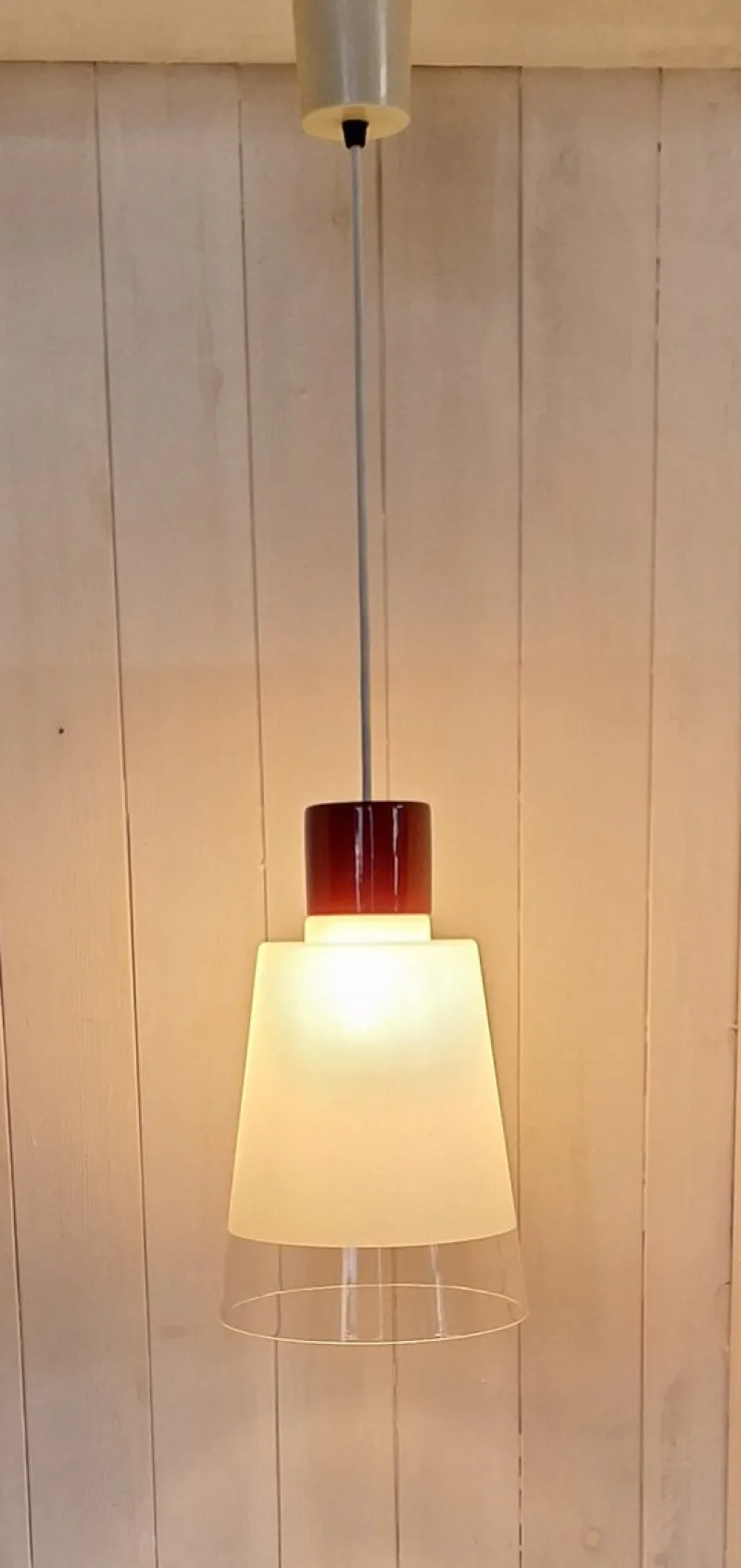 Online Pamono Vintage Pendant with White Glass Shade and Small Red Ceramic Cover, 1970s
