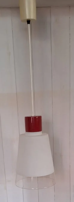 Online Pamono Vintage Pendant with White Glass Shade and Small Red Ceramic Cover, 1970s