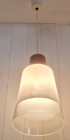 Online Pamono Vintage Pendant with White Glass Shade and Small Red Ceramic Cover, 1970s