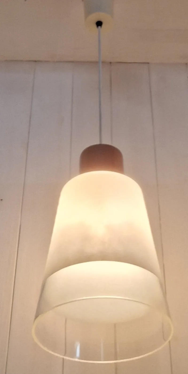 Online Pamono Vintage Pendant with White Glass Shade and Small Red Ceramic Cover, 1970s
