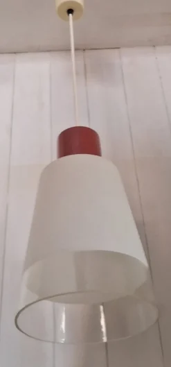 Online Pamono Vintage Pendant with White Glass Shade and Small Red Ceramic Cover, 1970s