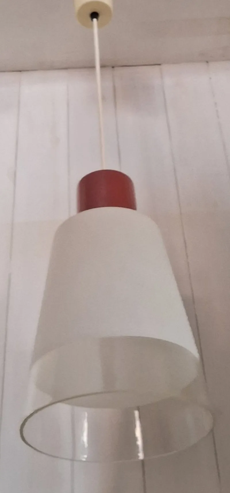 Online Pamono Vintage Pendant with White Glass Shade and Small Red Ceramic Cover, 1970s