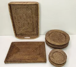 Pamono Vintage Rattan Plates, Serving Tray and Placemats, 1970s, Set of 13><noscript><img width=