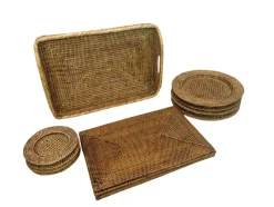 Pamono Vintage Rattan Plates, Serving Tray and Placemats, 1970s, Set of 13><noscript><img width=