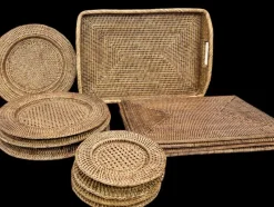 Pamono Vintage Rattan Plates, Serving Tray and Placemats, 1970s, Set of 13><noscript><img width=