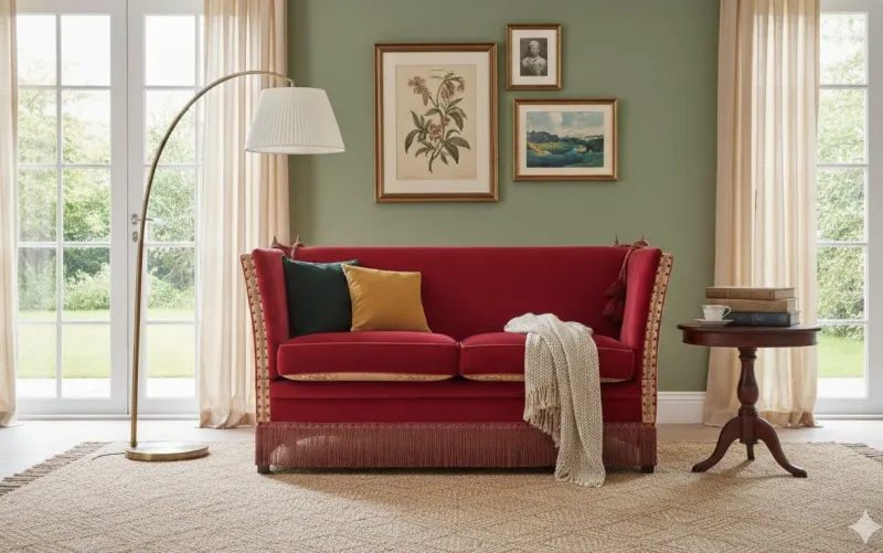 Outlet Pamono Vintage Red Velvet Knole Sofa with Floral Cushions, 1950s