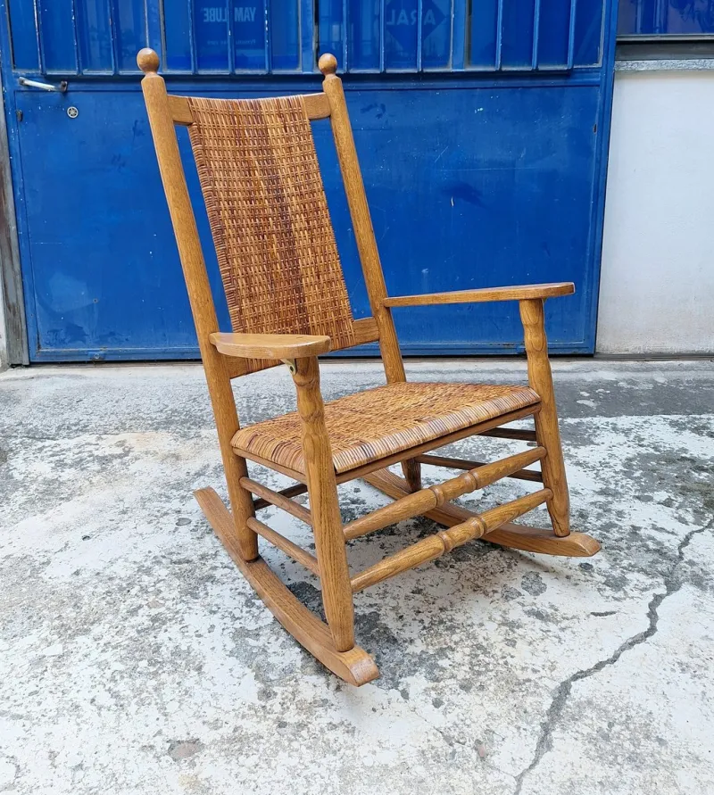 Hot Pamono Vintage Rocking Chair in Oak and Rattan, 1960s