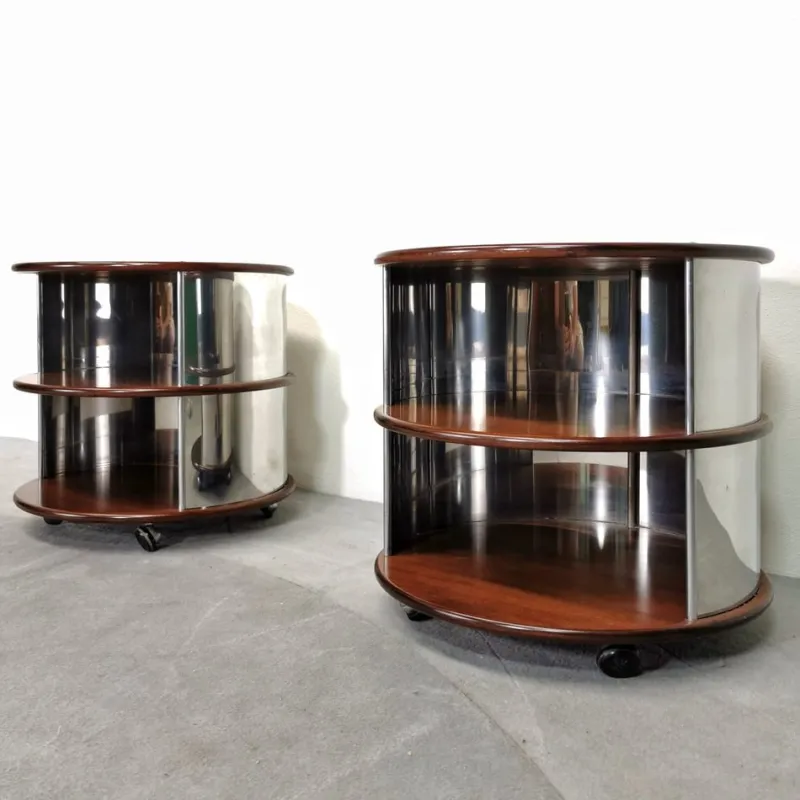 Pamono Vintage Round Bedside Tables in Walnut and Steel, 1970s, Set of 2> Nightstands