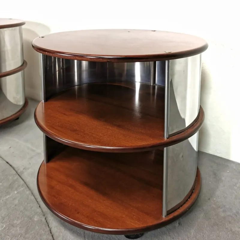 Pamono Vintage Round Bedside Tables in Walnut and Steel, 1970s, Set of 2> Nightstands