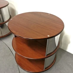 Pamono Vintage Round Bedside Tables in Walnut and Steel, 1970s, Set of 2><noscript><img width=