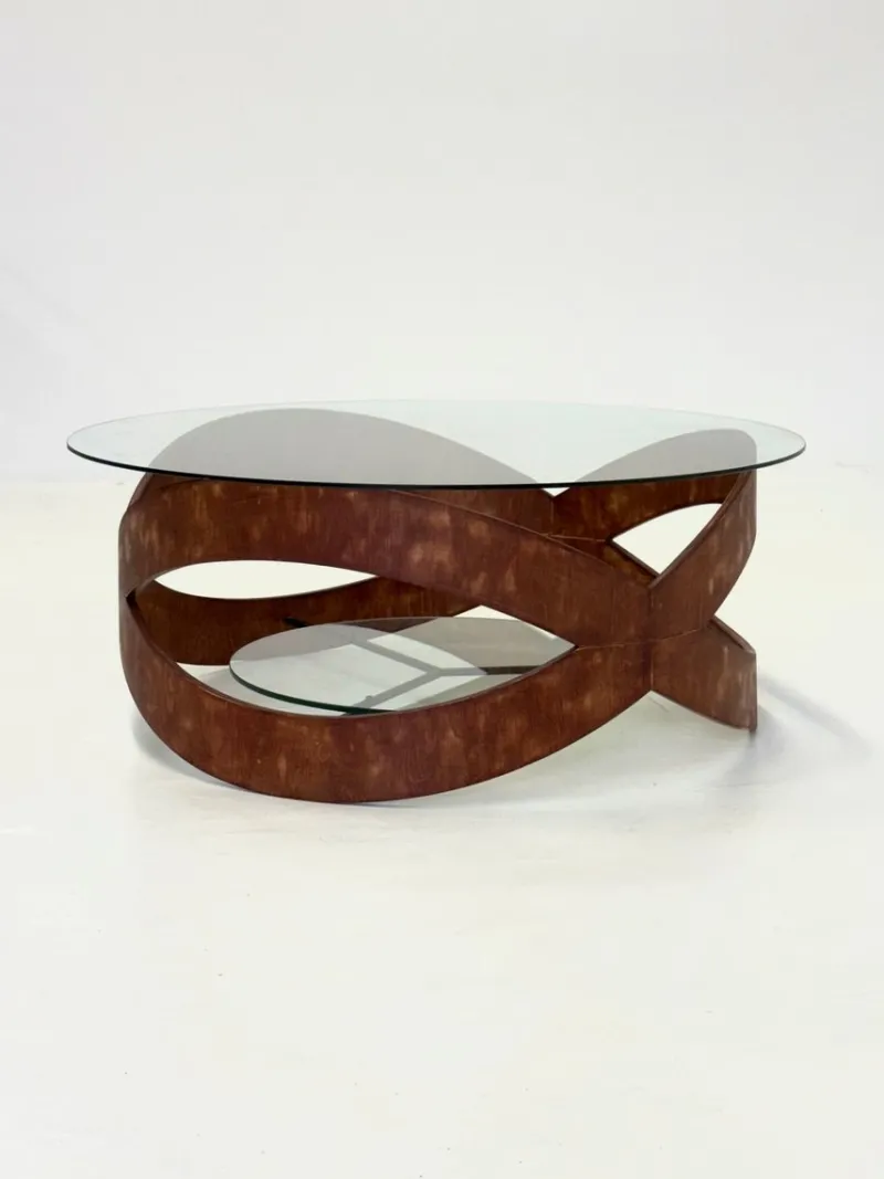 New Pamono Vintage Round Coffee Table with Sculptural Wooden Frame, 1970s