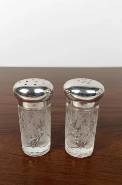 Pamono Vintage Salt and Pepper Cruet Set in Cut Crystal Glass and Silver Plated, 1960s, Set of 2><noscript><img width=