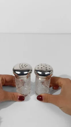 Pamono Vintage Salt and Pepper Cruet Set in Cut Crystal Glass and Silver Plated, 1960s, Set of 2><noscript><img width=