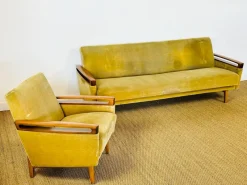 Sale Pamono Vintage Scandinavian Teak and Velvet Convertible Sofa and Armchair, 1960s, Set of 2
