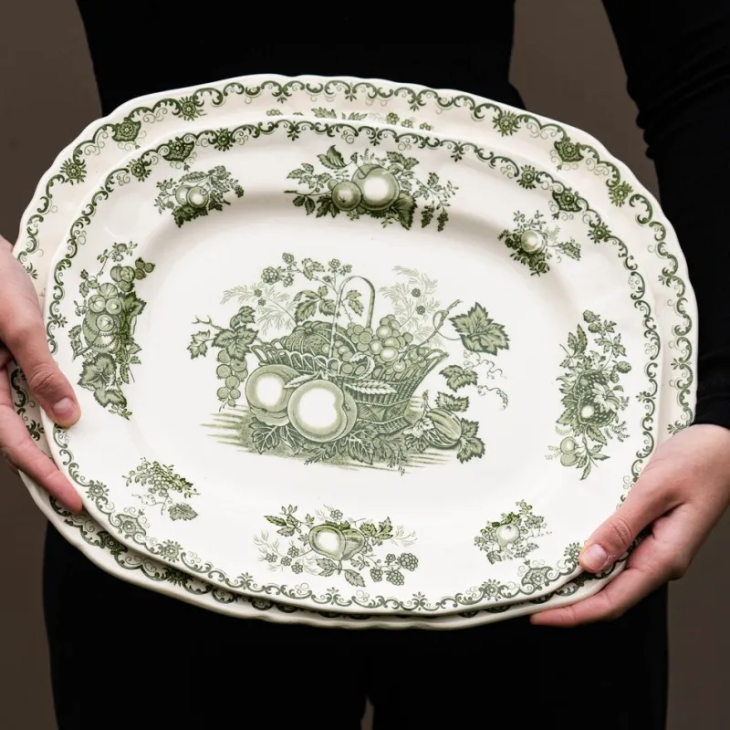 Pamono Vintage Serving Plates with Green Fruit Basket Decor from Masons, 1950s, Set of 2> Serving Dishes