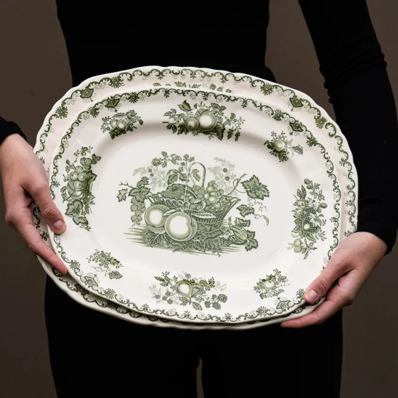 Pamono Vintage Serving Plates with Green Fruit Basket Decor from Masons, 1950s, Set of 2> Serving Dishes