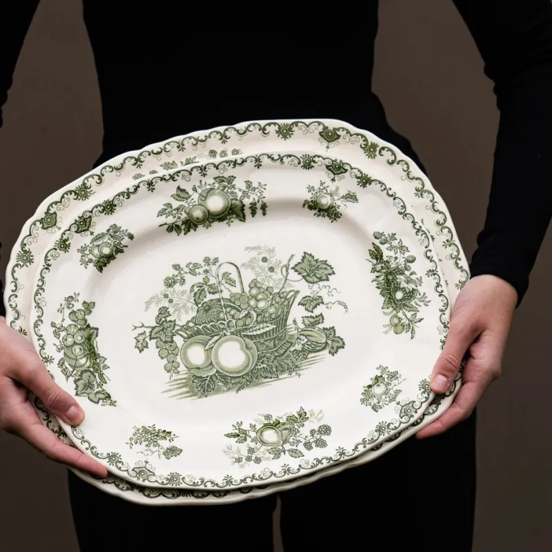 Pamono Vintage Serving Plates with Green Fruit Basket Decor from Masons, 1950s, Set of 2> Serving Dishes