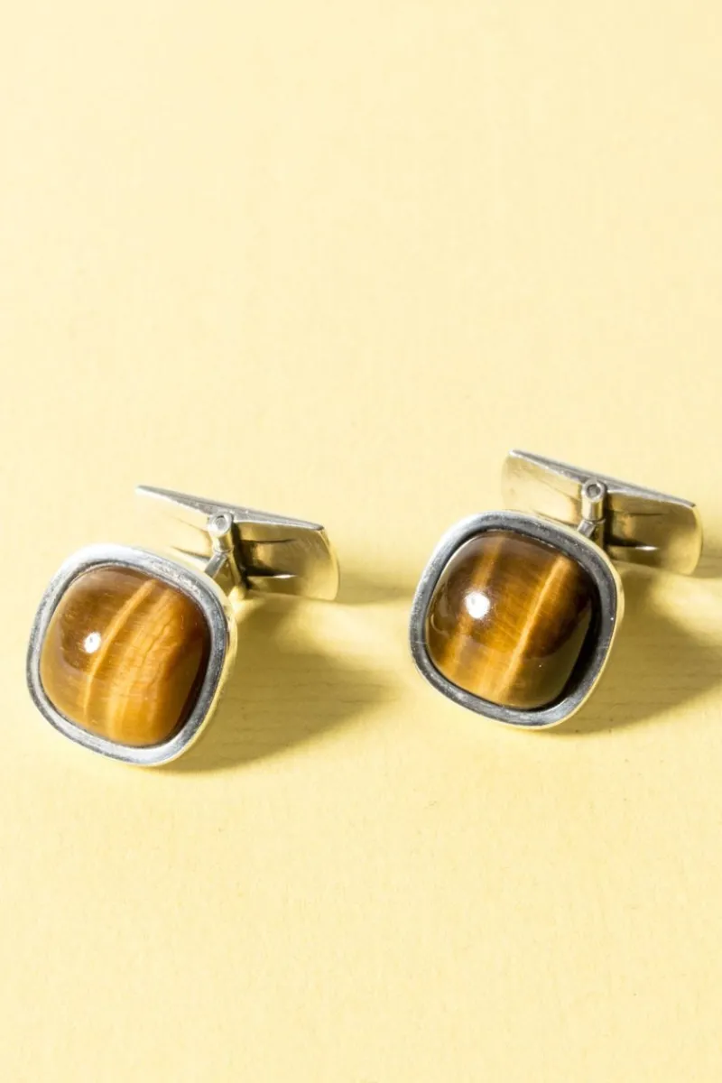 Pamono Vintage Silver and Tigereye Cufflinks by Arvo Saarela, 1963, Set of 2> Cufflinks