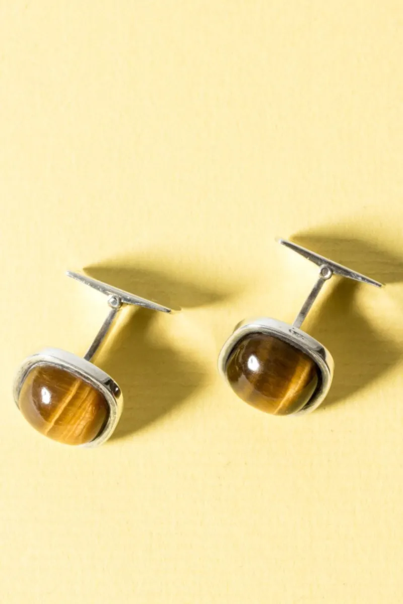 Pamono Vintage Silver and Tigereye Cufflinks by Arvo Saarela, 1963, Set of 2> Cufflinks