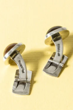 Pamono Vintage Silver and Tigereye Cufflinks by Arvo Saarela, 1963, Set of 2><noscript><img width=