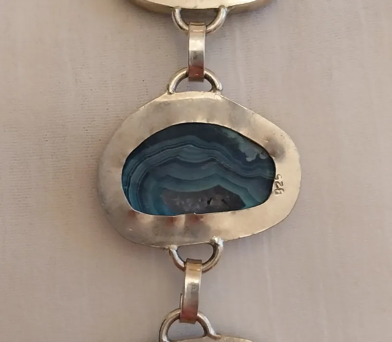 Pamono Vintage Silver Bracelet with Blue Agate Stones, 1970s> Bracelets