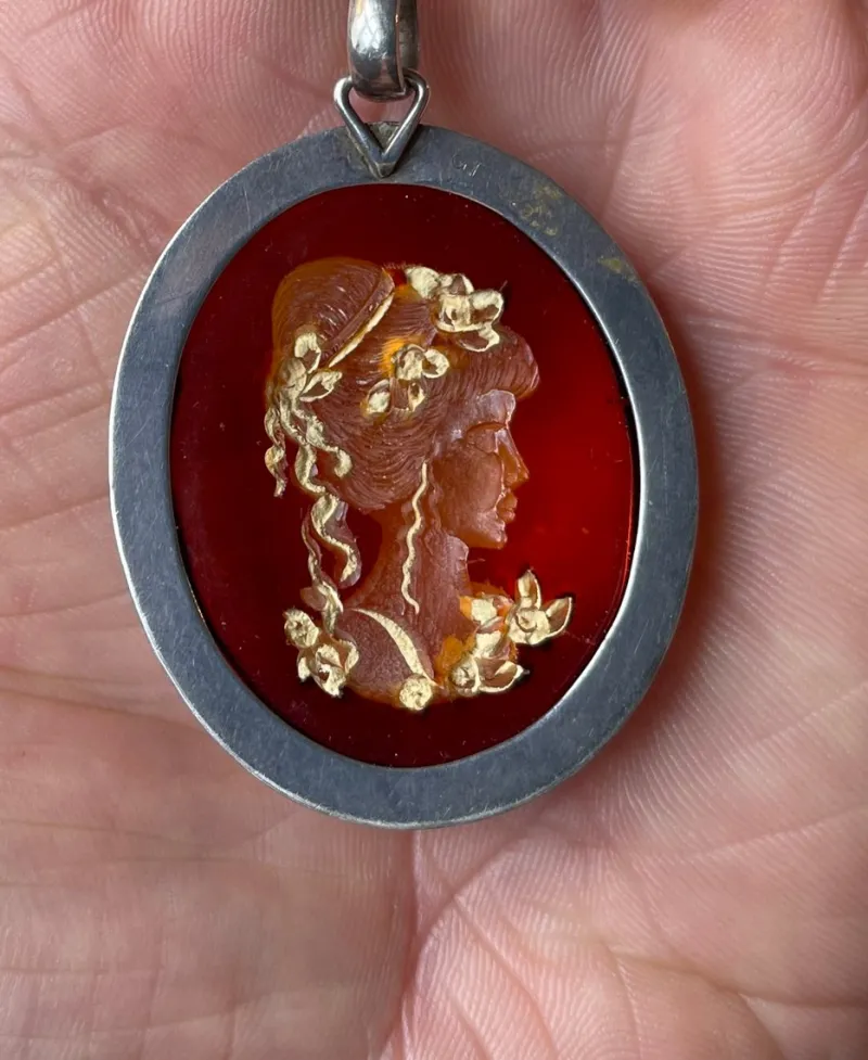 New Pamono Vintage Silver Pendant Necklace with Reverse Amber Cameo, 1970s, Set of 2