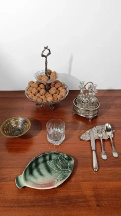 Pamono Vintage Silver-Plated Cruet Set with Cut and Beveled Crystal Glass Bottles, 1950s, Set of 5
