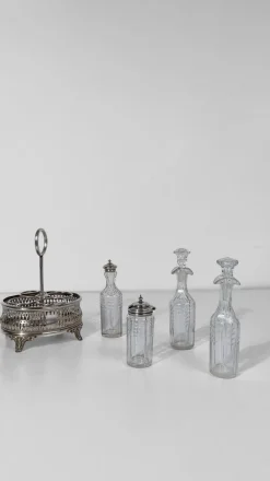 Pamono Vintage Silver-Plated Cruet Set with Cut and Beveled Crystal Glass Bottles, 1950s, Set of 5