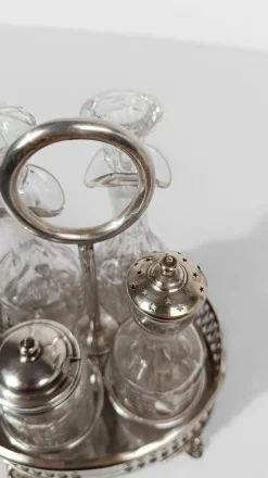 Pamono Vintage Silver-Plated Cruet Set with Cut and Beveled Crystal Glass Bottles, 1950s, Set of 5